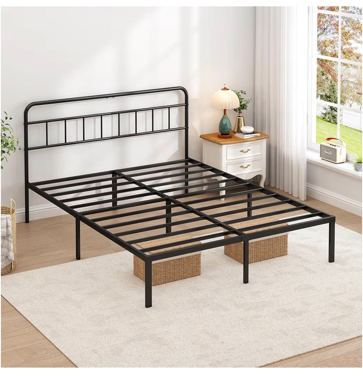 Queen Bed Frame with Classic Headboard, Strong Metal Slats Support, Under Bed Storage Space, No Box Spring Needed, Easy to Assemble (Black) (New in Box)