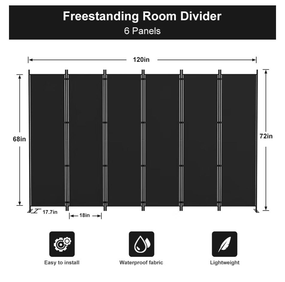 Kokorona 6 Panel Room Divider, 6 Ft. Tall Folding Privacy Screen Wall Dividers, Portable Privacy Screen Freestanding Room Divider for Room Separation Included Cover Strips 120 Inch Width x 72 Inch Height (Black)
