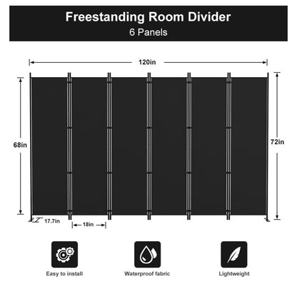 Kokorona 6 Panel Room Divider, 6 Ft. Tall Folding Privacy Screen Wall Dividers, Portable Privacy Screen Freestanding Room Divider for Room Separation Included Cover Strips 120 Inch Width x 72 Inch Height (Black)