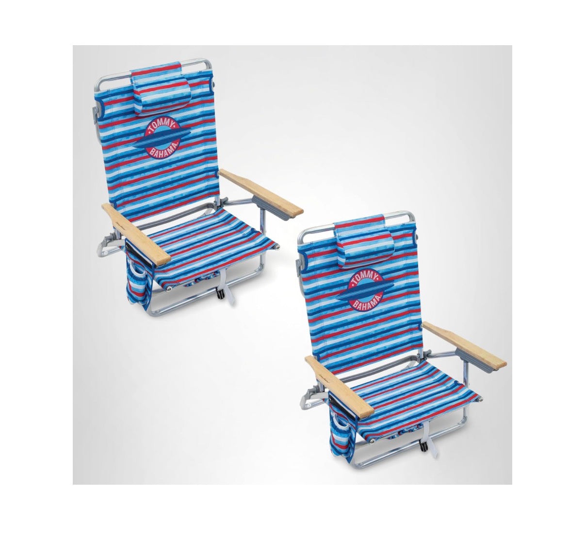 Tommy Bahama 2 Pack 5 Position Classic Lay Flat Backpack Beach Chair with Cooloer and Cup Holder, Portable Folding Beach Chair for Tanning (Red, White and Blue Color) (New in Box)