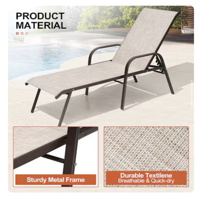 Crestlive Products Set of 2 Stackable Brown Steel Frame Stationary Chaise Lounge Chair with Beige Textilene Mesh Seat