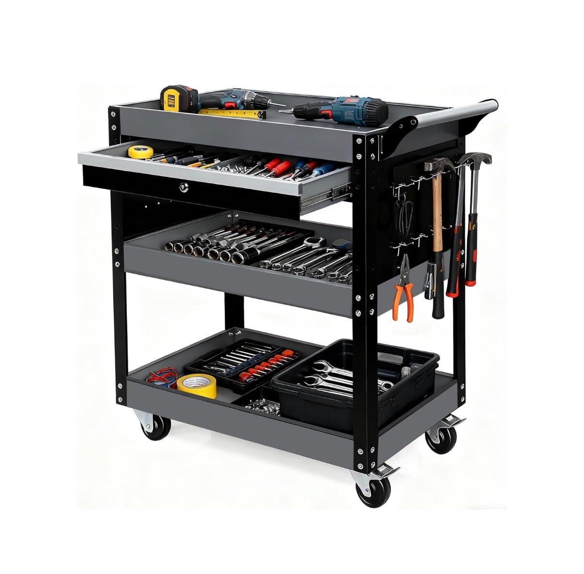 Tool Cart 27.5 Inch 3 Tier Tool Cart on Wheels, Utility Industrial Service Cart with drawers, Pegboard and Locking System, Suitable for Garage, Warehouse, Mechanic, 440lbs Load (Black) (New in Box)