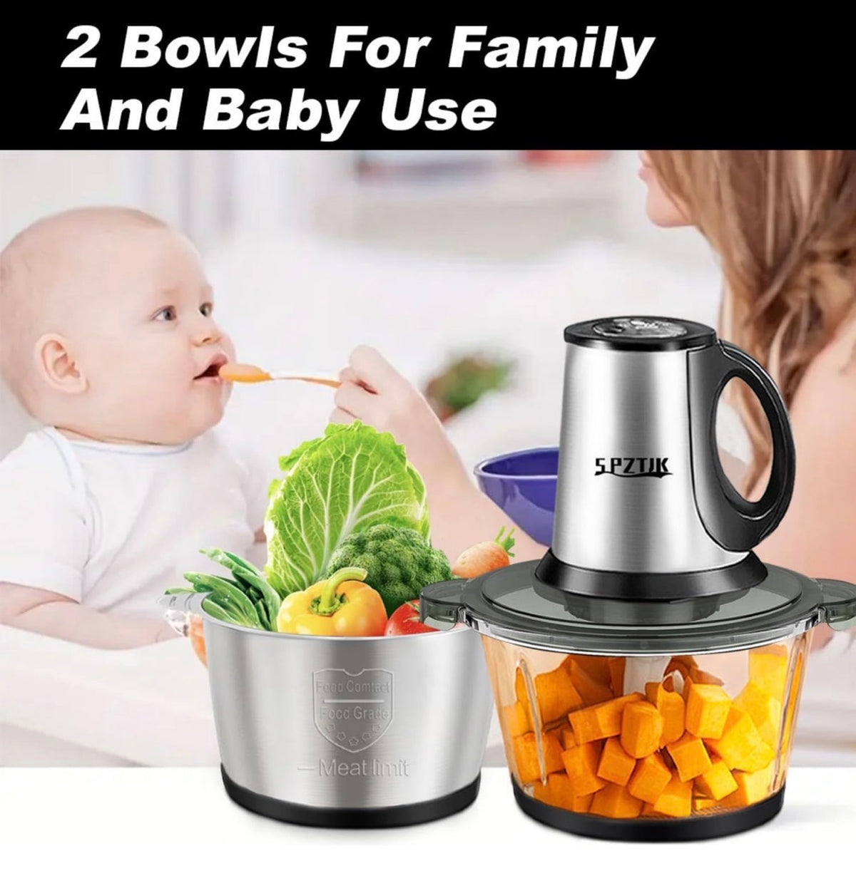 SPZTJK  3-Speed Electric Food Processor - Meat grinder, vegetable chopper and baby food maker