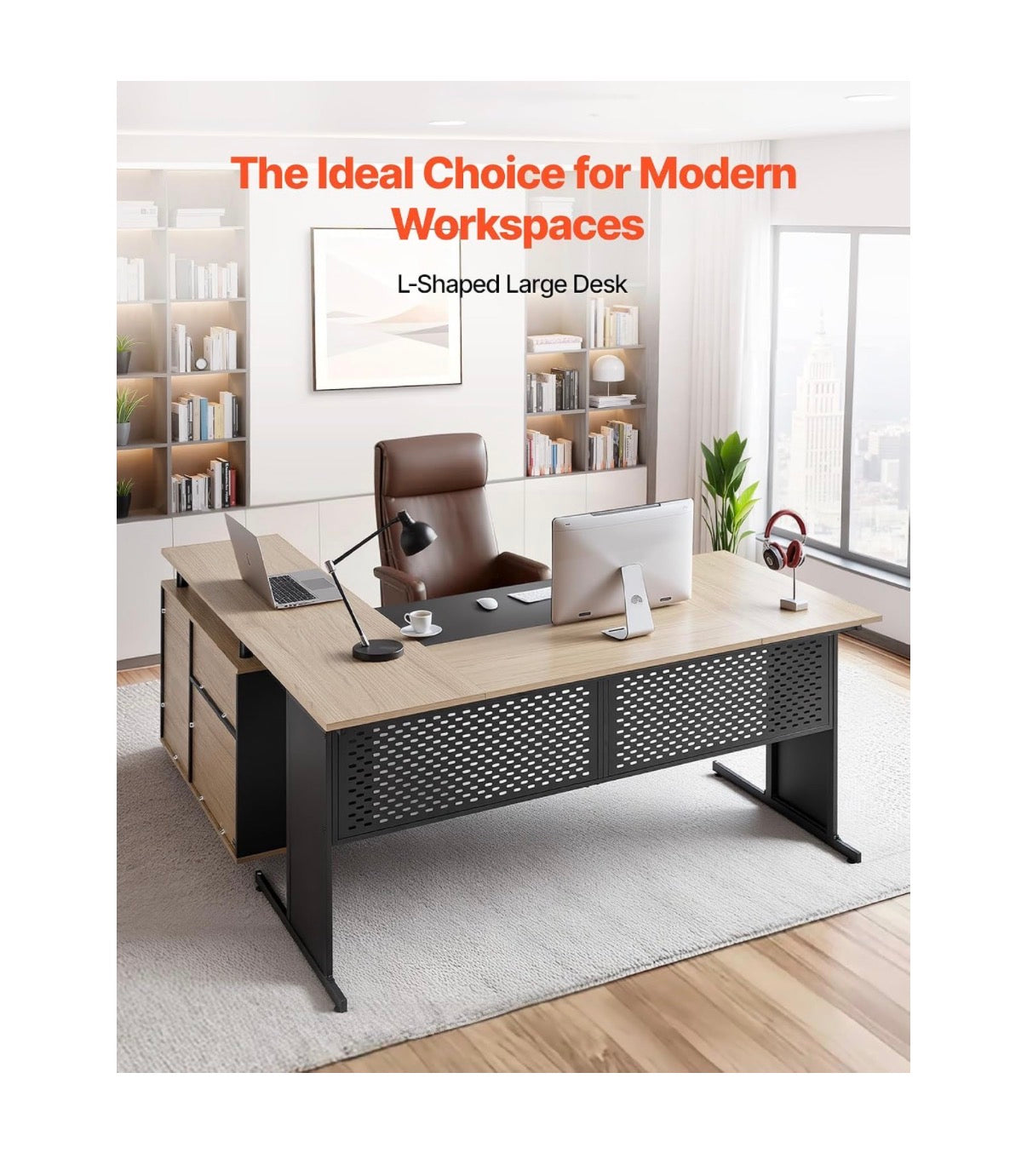 63 Inch L-Shaped Executive Desk, Large Office Desk with Drawers, File Storage Cabinet, Detachable 350lbs Load Capacity Corner Table, Easy Assembly, Business Furniture, Workstation for Home Office (Tan/Black) (New in Box)