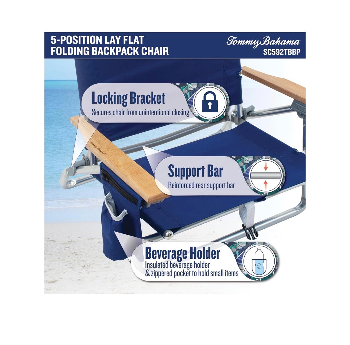 Tommy Bahama 2 Pack 5 Position Classic Lay Flat Backpack Beach Chair with Cooloer and Cup Holder, Portable Folding Beach Chair for Tanning (Red, White and Blue Color) (New in Box)