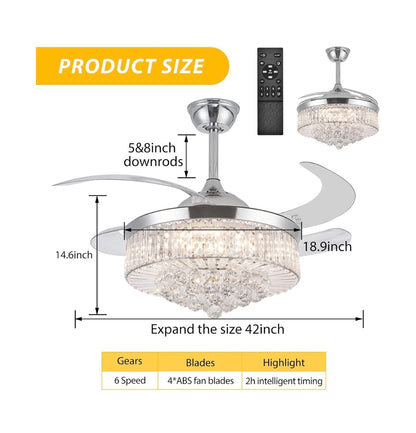 42 Inch Crystal Ceiling Fan with Light, Silvery Chandelier Fan with Remote, 6 Speeds, 3 Colors Changes, 4 Blades Rectangle Ceiling Fan for Bedroom, Living Room, Dining Room (Silver) (New in Box)