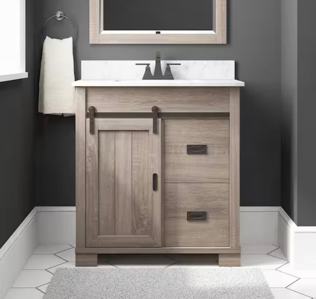 Brindley 30 Inch Single Sink Freestanding Weathered Bath Vanity with White Engineered Stone Top (Gray) (Unboxed; New)