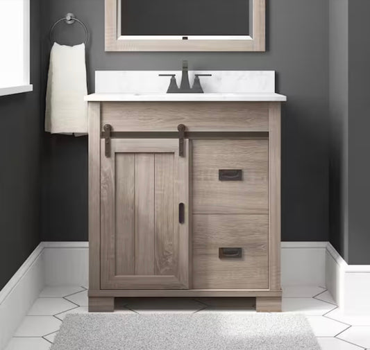 Brindley 30 Inch Single Sink Freestanding Weathered Bath Vanity with White Engineered Stone Top (Gray) (Unboxed; New)