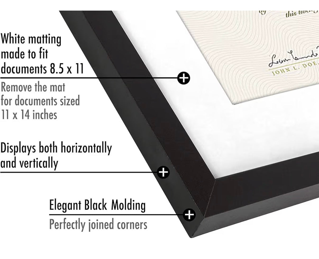 Americanflat 11 Inch X 14 Inch Diploma Frame with Shatter Resistant Glass Use as 8.5 Inch X 11 Inch Frame with Mat or Display 11 Inch X 14 Inch Documents without Mat-Certificate Frames with Engineered Wood for Wall Display (Black) (New in Box)