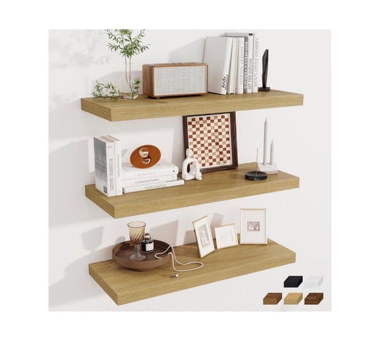 Deep Floating Shelves, 32 Inch Width X 12 Inch Depth Oak Wall Shelves, 32 Long Rustic Wood Wide Storage Shelves for Bedroom, Kitchen, Farmhouse, Laundry room, and Office Set of 3 (New in Box)