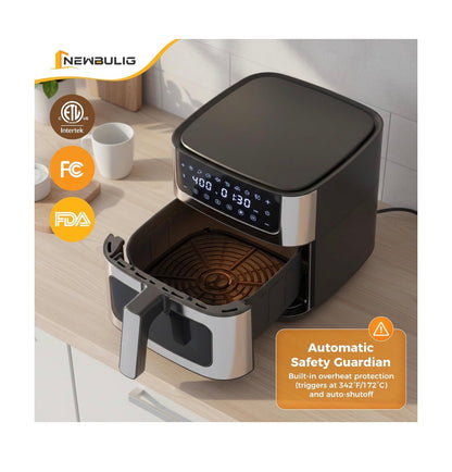 NEWBULIG Air Fryer 6.34 Qt. Air fryer with Visible Window 400 Degrees Fahrenheit Fast Heating Stainless Steel Air Fryers Oven with Nonstick and Dishwasher Safe Basket 8-in-1 Cooking Preset with Timer Auto-Off (Jet Black) (New in Box)