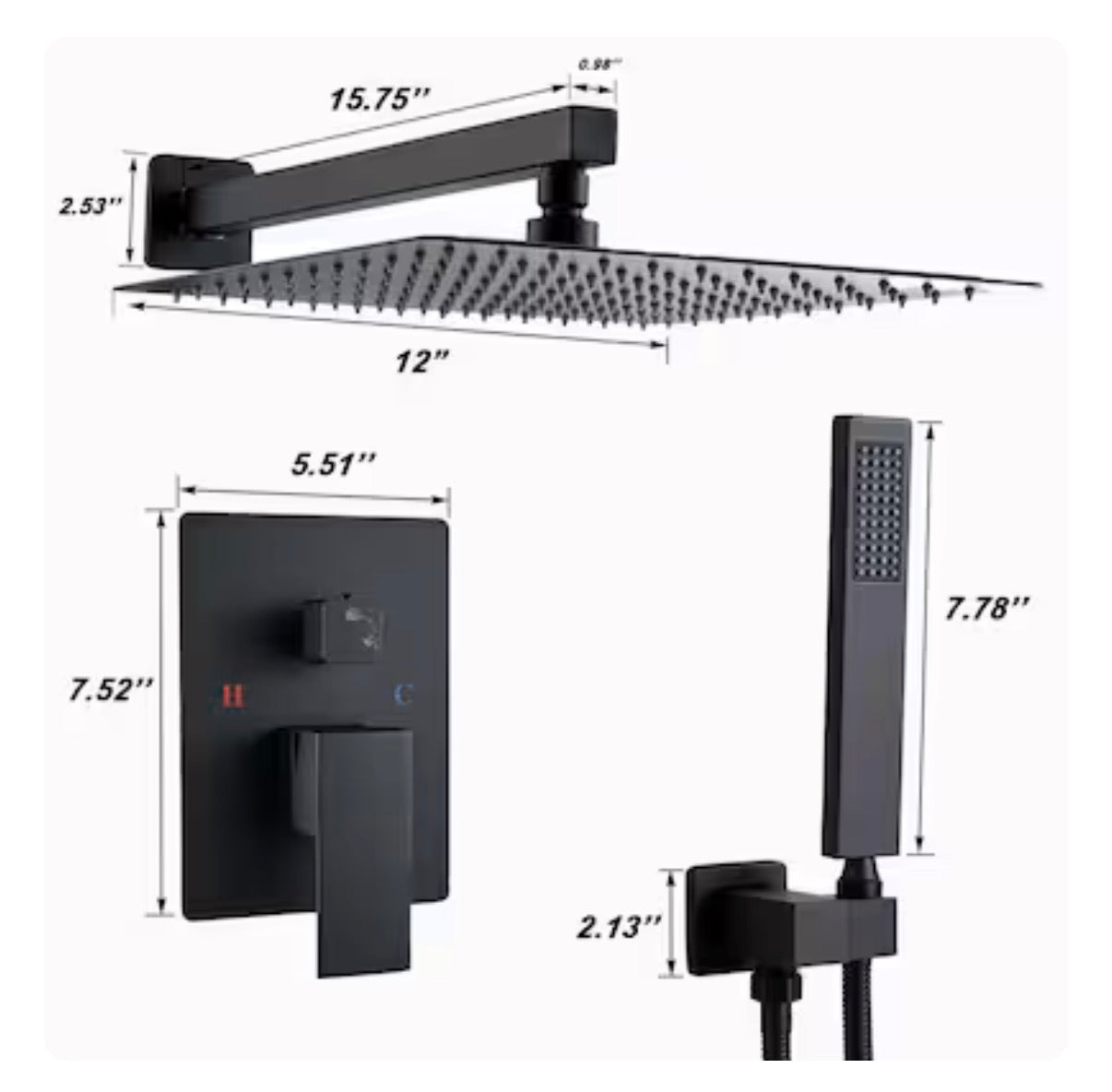 Modern Matte Black 12 Inch Dual Head Built In Shower Faucet System with 2 Way Diverter Pressure Balanced Valve Included