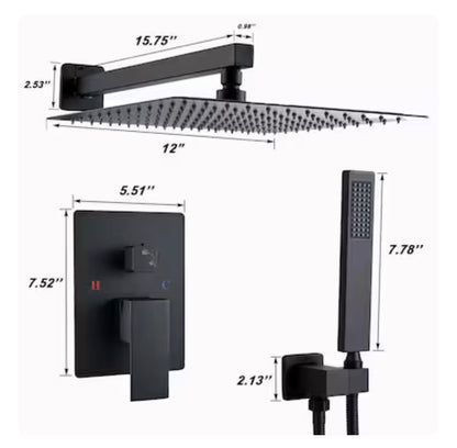 Modern Matte Black 12 Inch Dual Head Built In Shower Faucet System with 2 Way Diverter Pressure Balanced Valve Included