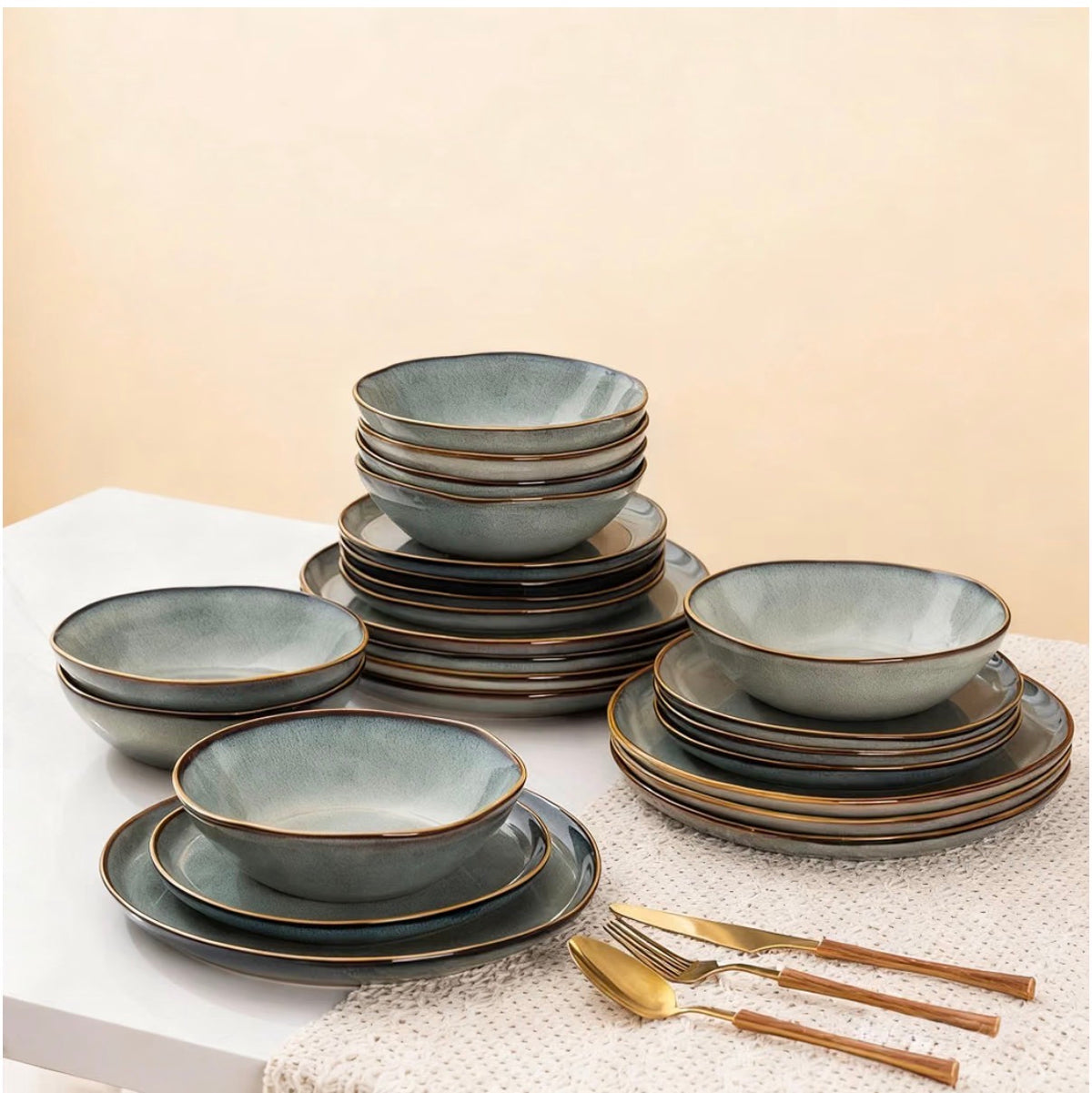 AmorArc Ceramic Dinnerware Sets for 6, 18 Pieces Plates and Bowls Set Stoneware Handmade Reactive Glaze Dinner Set, Highly Scratch Resistant Dishwasher & Microwave Safe (Ocean Color) (New in Box)