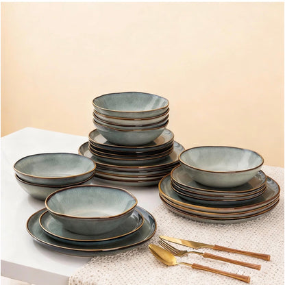 AmorArc Ceramic Dinnerware Sets for 6, 18 Pieces Plates and Bowls Set Stoneware Handmade Reactive Glaze Dinner Set, Highly Scratch Resistant Dishwasher & Microwave Safe (Ocean Color) (New in Box)