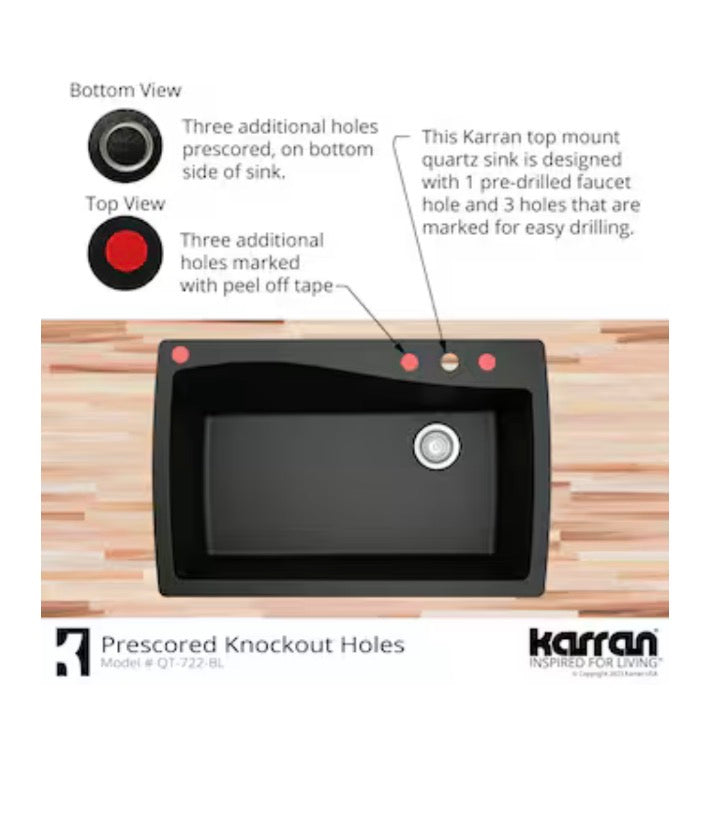 Karran Drop-In 34 Inch X 22 Inch Black Quartz Single Bowl 1 Hole Kitchen Sink (New in Box)