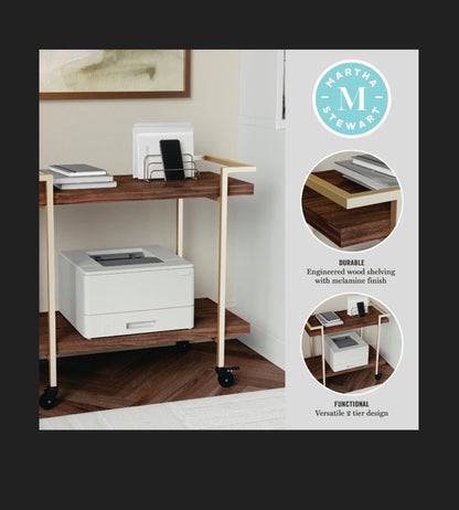 Martha Stewart 2 Tier Walnut Mobile Wood Grain Office Storage and Printer Cart with Polished Brass Frame (New in Box) (Assembly Required)