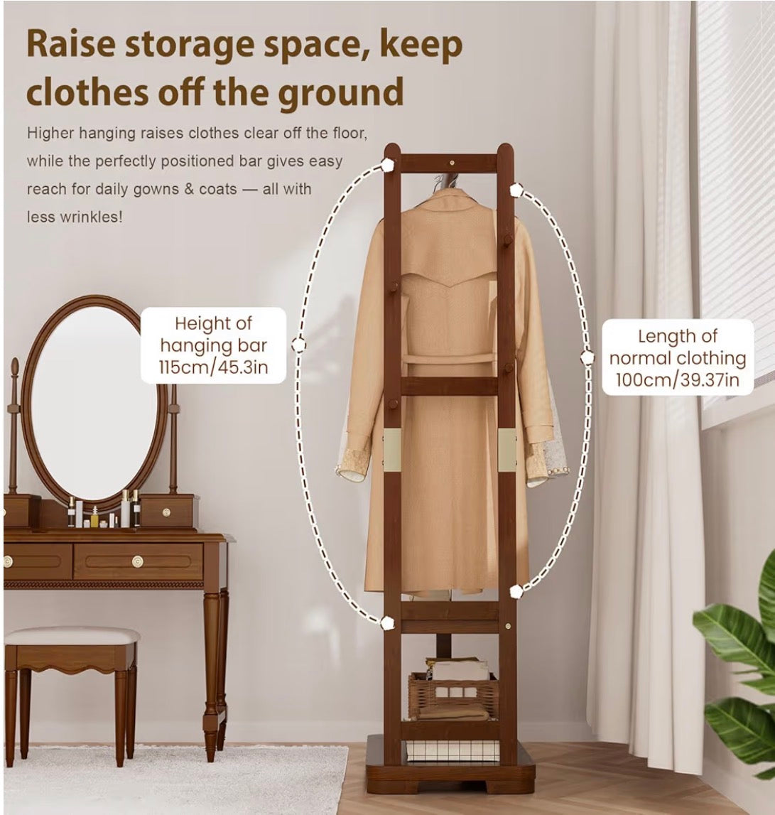 Coat Rack Solid Wood Clothes Rack with Two Shelves & Four Hooks for Hanging Clothes, Garments, and Hats