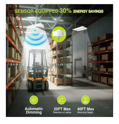 300W LED Linear High Bay Shop Light with Motion Sensor, Large Central Lighting Area, 45000LM, 120-277V, 0-10V, 5000K, Commercial Linear high Bay LED Shop Lights for Warehouse Industrial Garage (New in Box)