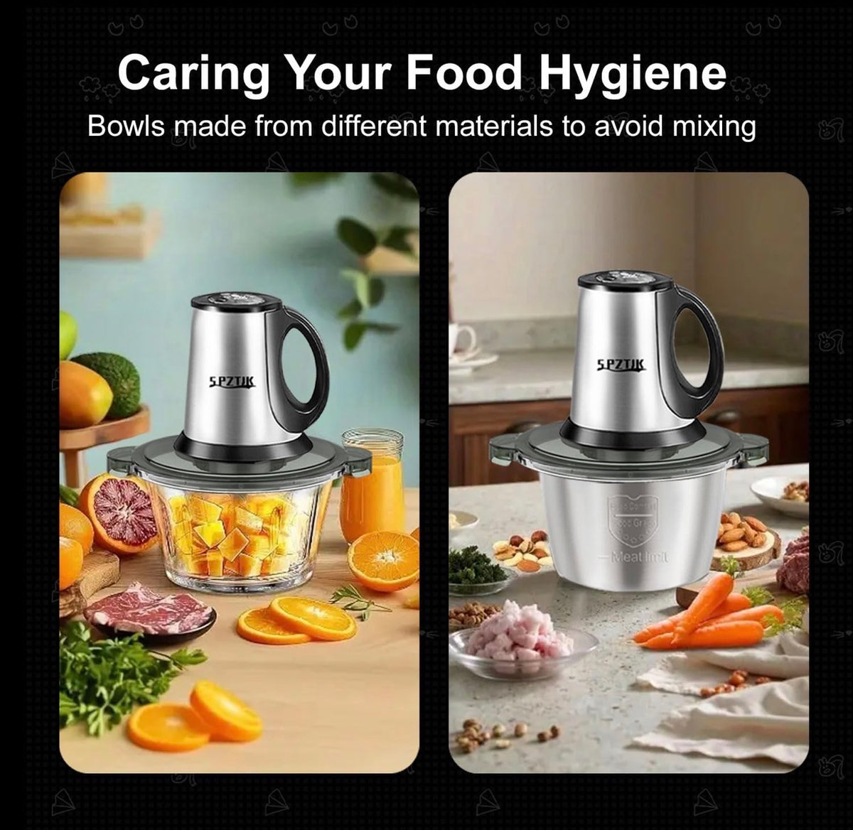 SPZTJK  3-Speed Electric Food Processor - Meat grinder, vegetable chopper and baby food maker