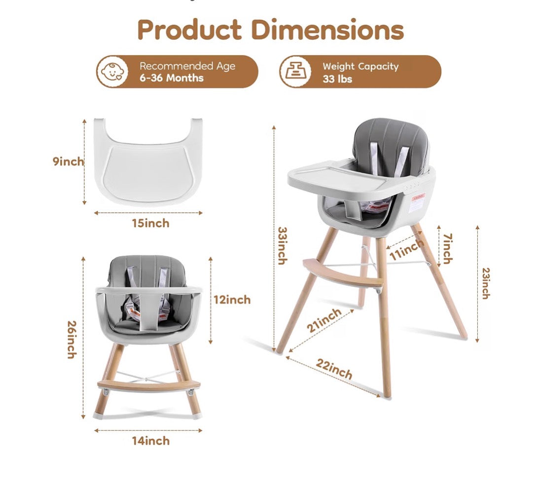 High Chair for Babies and Toddlers, 3-in-1 Convertible Wooden Highchair, Baby High Chair with Adjustable Legs, 5 Point Harness, Footrest, Dishwasher-Safe Tray & PU Leather Cushion (Gray) (New in Box)