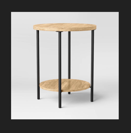 Wood and Metal Small Round Side Table (Natural Finish) (Assembly Required) (New in Box)
