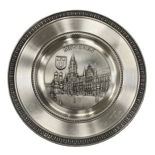 Vintage German Frieling-Zinn 95% Pewter Wall Plate of Müchen Marienplatz