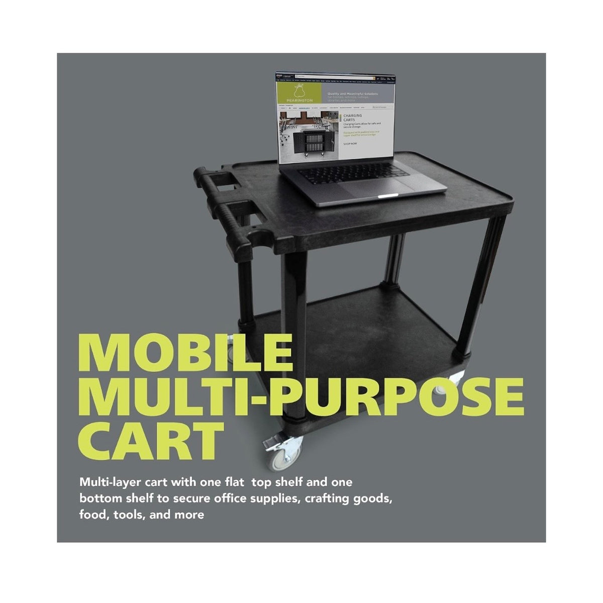 Pearington 2 Tier Compact Multi-Purpose Plastic Utility Cart with Lockable Wheels Up to to 150lbs (Black) (New in Box)