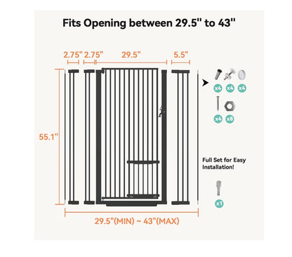 Comomy 55.1 Inch Extra Tall Pet Gate for Cats, 29.5-43 Inches Extra Wide Cate Gate with Adjustable Cat Door, Pressure Mounted Easy Walk Through Pet Gate with Door for Stairs, Doorways, Kitchen (Black) (New in Box)