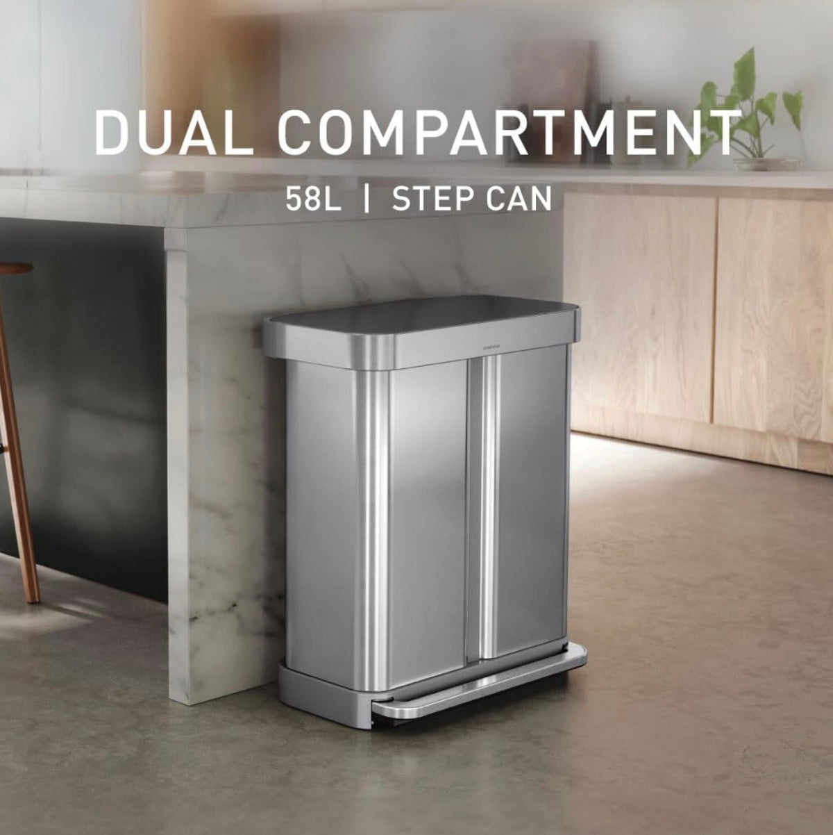 Simple human Step Recycler, 58L/15.3 Gallon Dual Compartment Kitchen Trash Can, 150,000 Step Pedal, Lid Shox Technology, Liner Rim System, Liner Pocket Brushed Stainless Steel with Plastic Lid (New in Box)