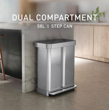 Simple human Step Recycler, 58L/15.3 Gallon Dual Compartment Kitchen Trash Can, 150,000 Step Pedal, Lid Shox Technology, Liner Rim System, Liner Pocket Brushed Stainless Steel with Plastic Lid (New in Box)