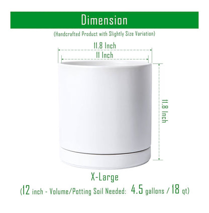 D'Vine Dev 12 Inch Ceramic Planter Pot Modern Cylinder Design, Drainage Hole & Saucer Included, Stable Structure, Elegant Home Accent (White) (New in Box)