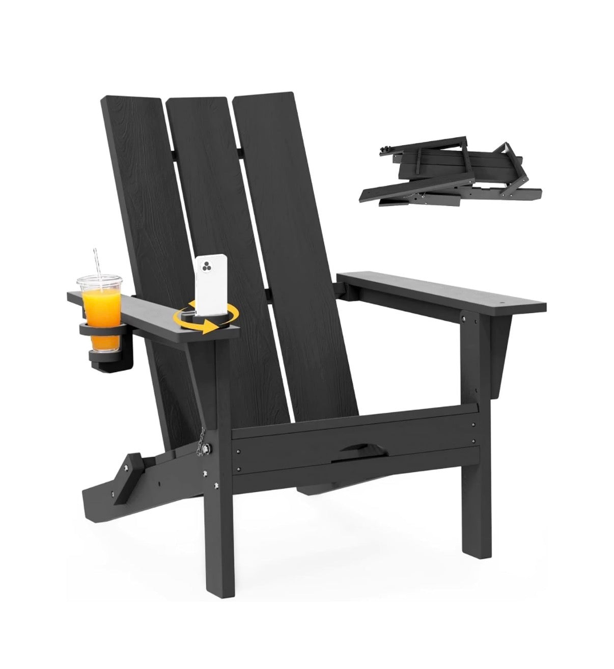 Folding Adirondack Chairs Set of 2, All Weather Outdoor Patio Chairs with Cup Holder and 360 Degrees Rotating Multifunctional Holder, Plastic Fire Pit Chairs for Backyard (Black) (New in Box)