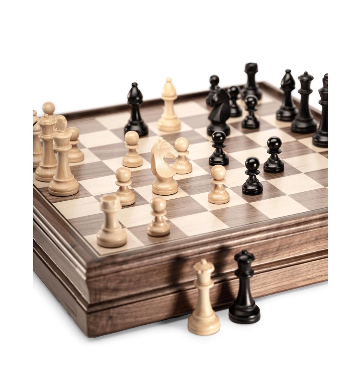 A&A 15 Inch Walnut Wooden Chess Set with Storage Drawer, Triple Weighted Pieces, 3.0 Inch King Height, 2 Etra Queen, Classic 2in 1 Chess and Checkers Board Game (New in Box)