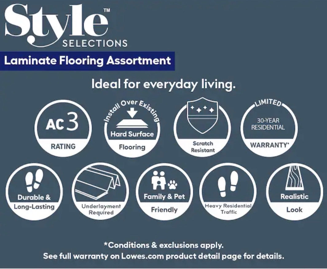 Style Selections aged 8- mm T x 7 inch w x 50 inch L Laminate Flooring- 21.44 sq. ft. per box