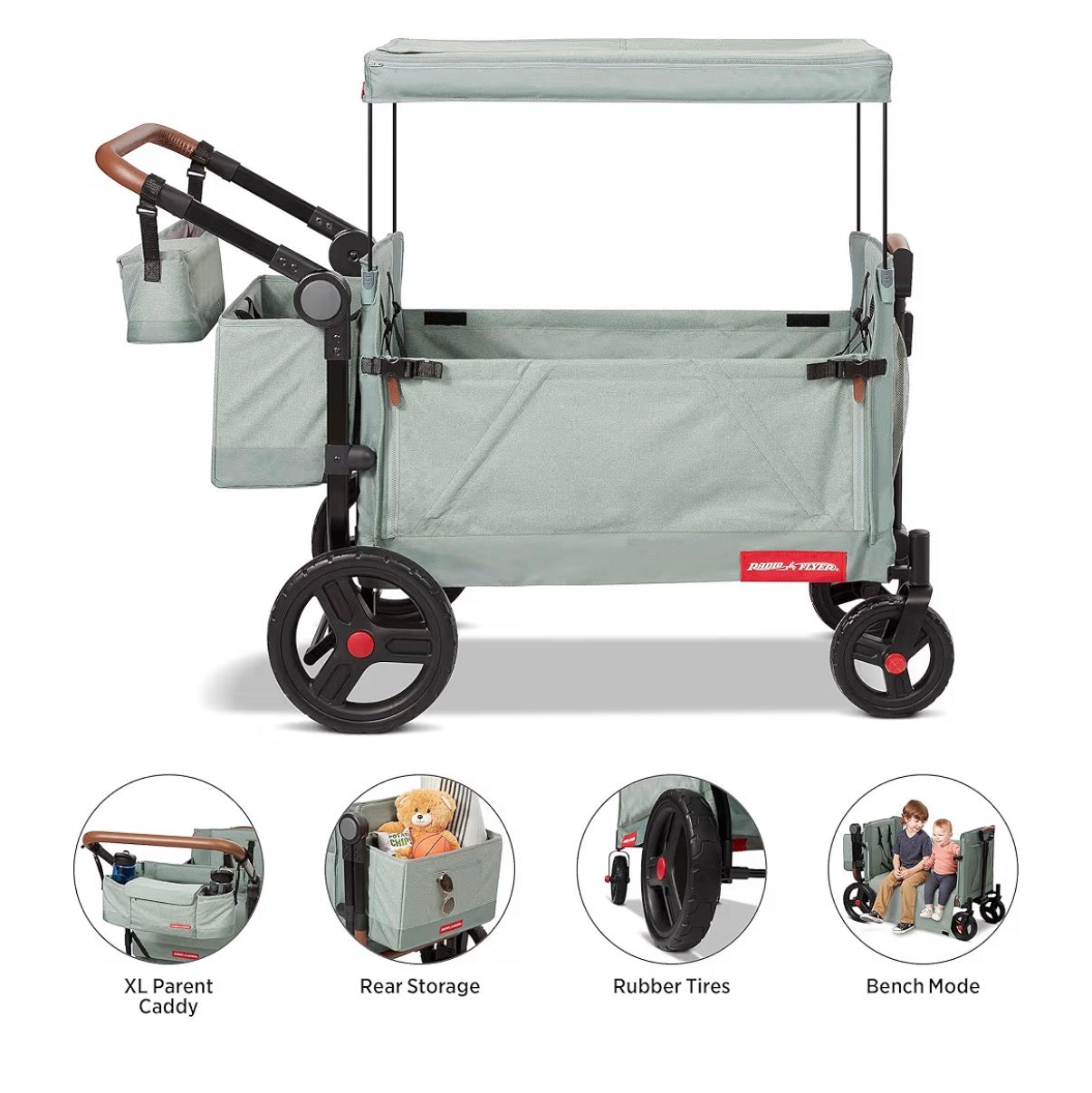 Radio Flyer Atlas Stroll 'N Wagon, for Ages 1+ 3-in-1 Push or Pull Versatility, One Hand Fold, UV Canopy, 5-Point Harnesses, Rubber Wheels, Storage Capabilities (Sage Green) (New in Box)