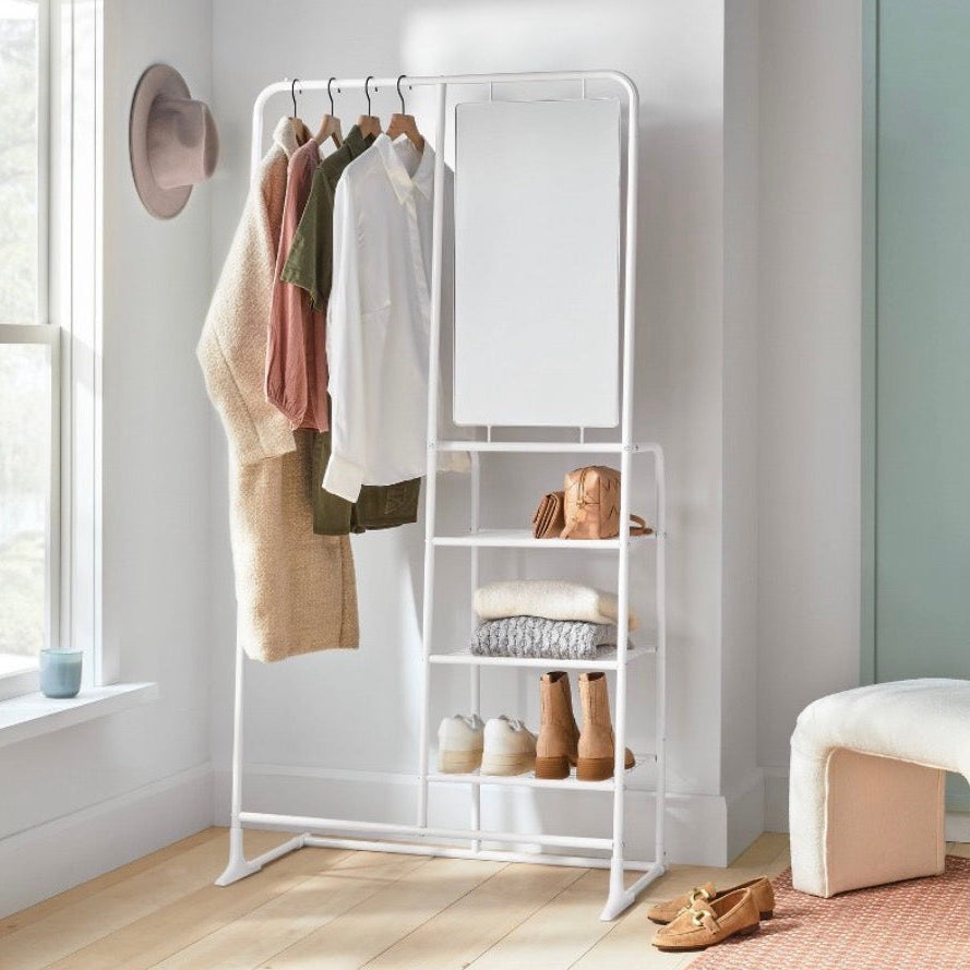 Metal Garment Rack with Mirror and Shelving (White) (New in Box; needs to be assembled)
