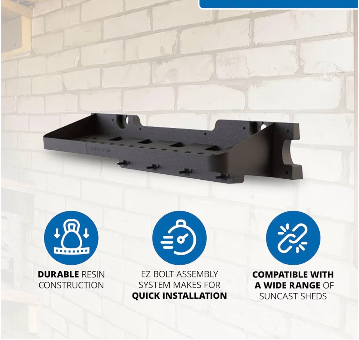 Suncast 25 inch X 8 inch resin shelf accessory with storage hooks and ez bolt assembly for select outdoor shed models (2) pack black