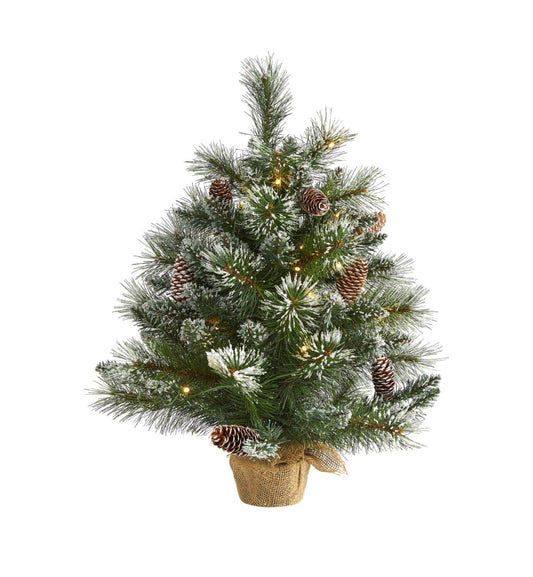 Nearly Natural 2 Ft. Frosted Pine Acritical Christmas Tree with 35 Clear LED Lights, Pinecones and Burlap Base (New in Box)