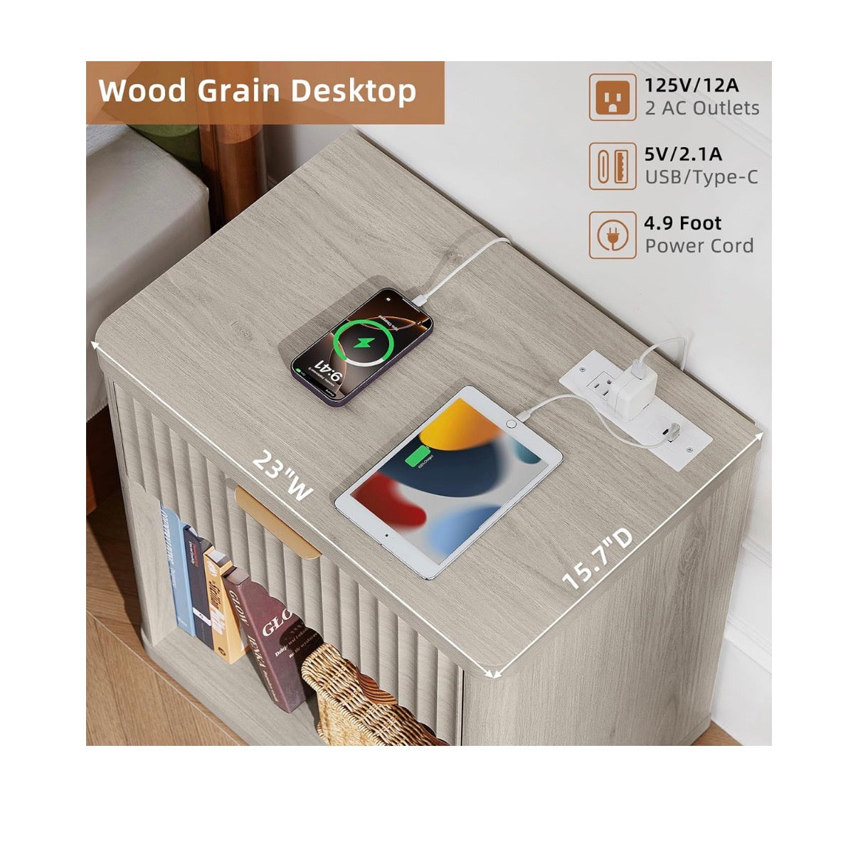 Fluted Nightstands with Charging Station, 23 Inch Wide with 1 Drawer Nightstand, End Table with Open Storage, Farmhouse Bed Side Tables Wood Dresser for Bedroom, Livingroom, Closet (Light Gray) (New in Box; Needs to be Assembled)