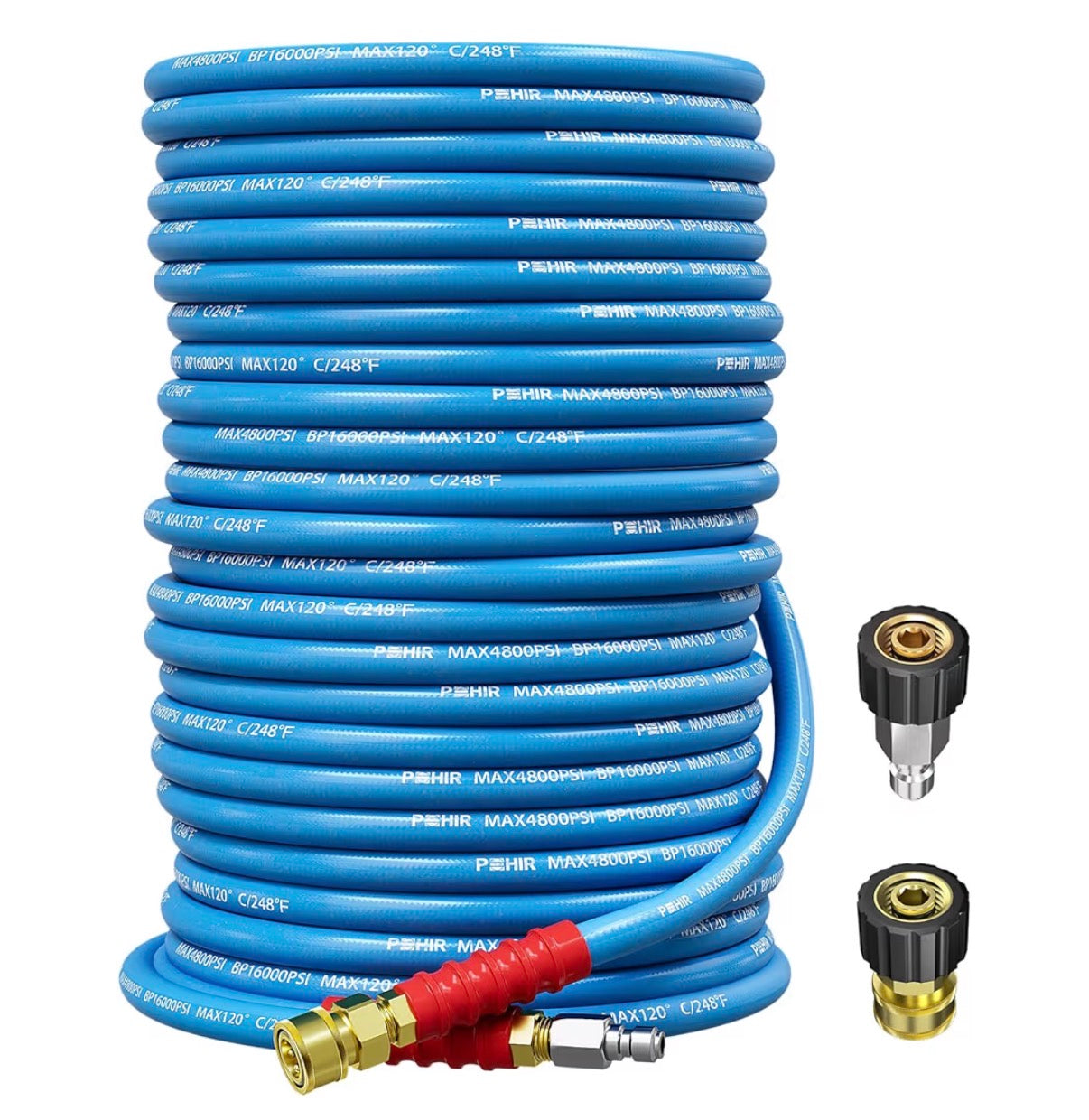100 Ft Pressure Washer Hose 3/8 Inch 4800 PSI, Kink Resistant Industrial Grade Hose with Quick Connect Ends and Adapters for Hot & Cold Water Steel Wire Braided Hose for Power Washing