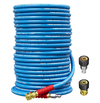 100 Ft Pressure Washer Hose 3/8 Inch 4800 PSI, Kink Resistant Industrial Grade Hose with Quick Connect Ends and Adapters for Hot & Cold Water Steel Wire Braided Hose for Power Washing