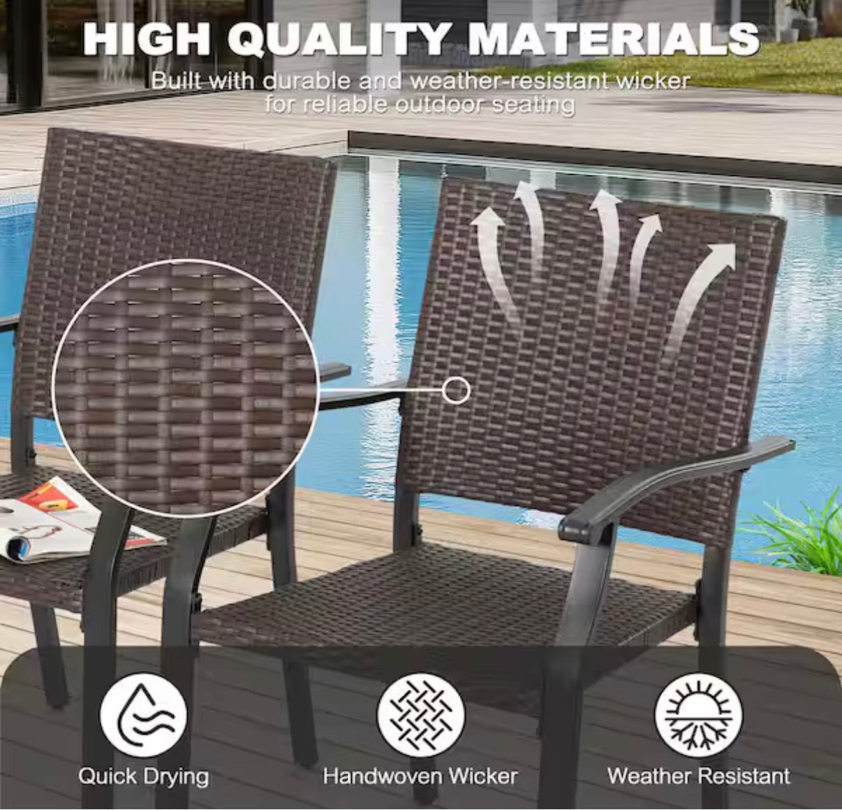 Black wicker and Iron Outdoor Dining Chairs with Powder Coated Finish (2-Pack)