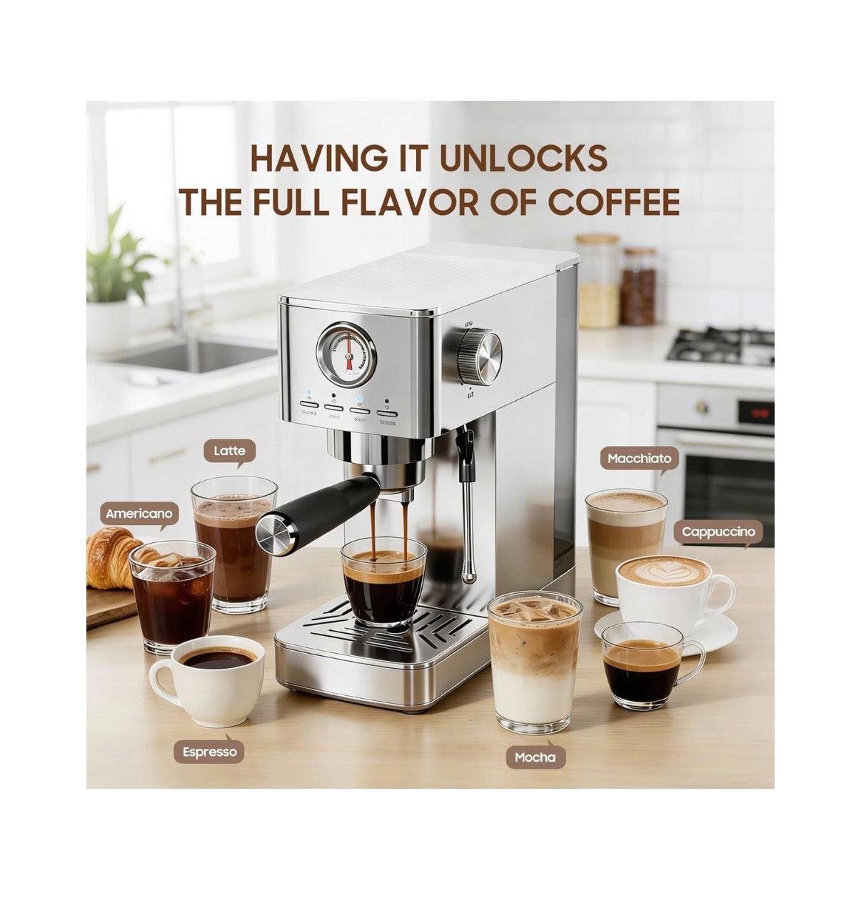 Espresso Machine 20 Bar with Milk Frother, Stainless Steel 47 oz Water Tank, Warm Cup & Auto Shut Off (Silver) (New in Box)