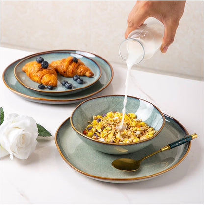 AmorArc Ceramic Dinnerware Sets for 6, 18 Pieces Plates and Bowls Set Stoneware Handmade Reactive Glaze Dinner Set, Highly Scratch Resistant Dishwasher & Microwave Safe (Ocean Color) (New in Box)