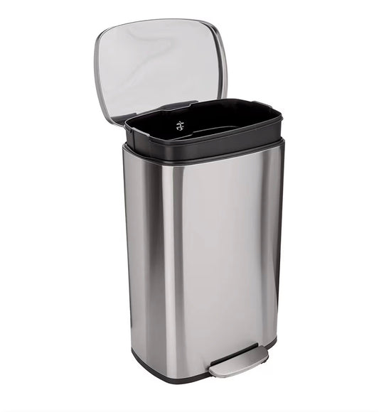 Amazon Basics Large Trashcan, 13.2 Gallon (50L), Smudge Resistant Rectangular Bin with Soft Close Lid, Stainless Steel, Satin Nickel Finish (New in Box)
