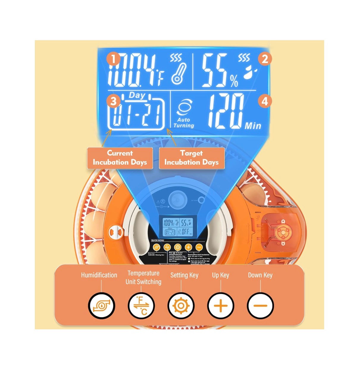 26 Incubators for Hatching Eggs Smart Voice Control Incubator with Auto Temp Humidity Automatic Egg Turning 360 Degrees View Built In Egg Candler and Chick Holding Area for Chickens, Ducks, Goose, and Quail Eggs (Orange/White) (New in Box)