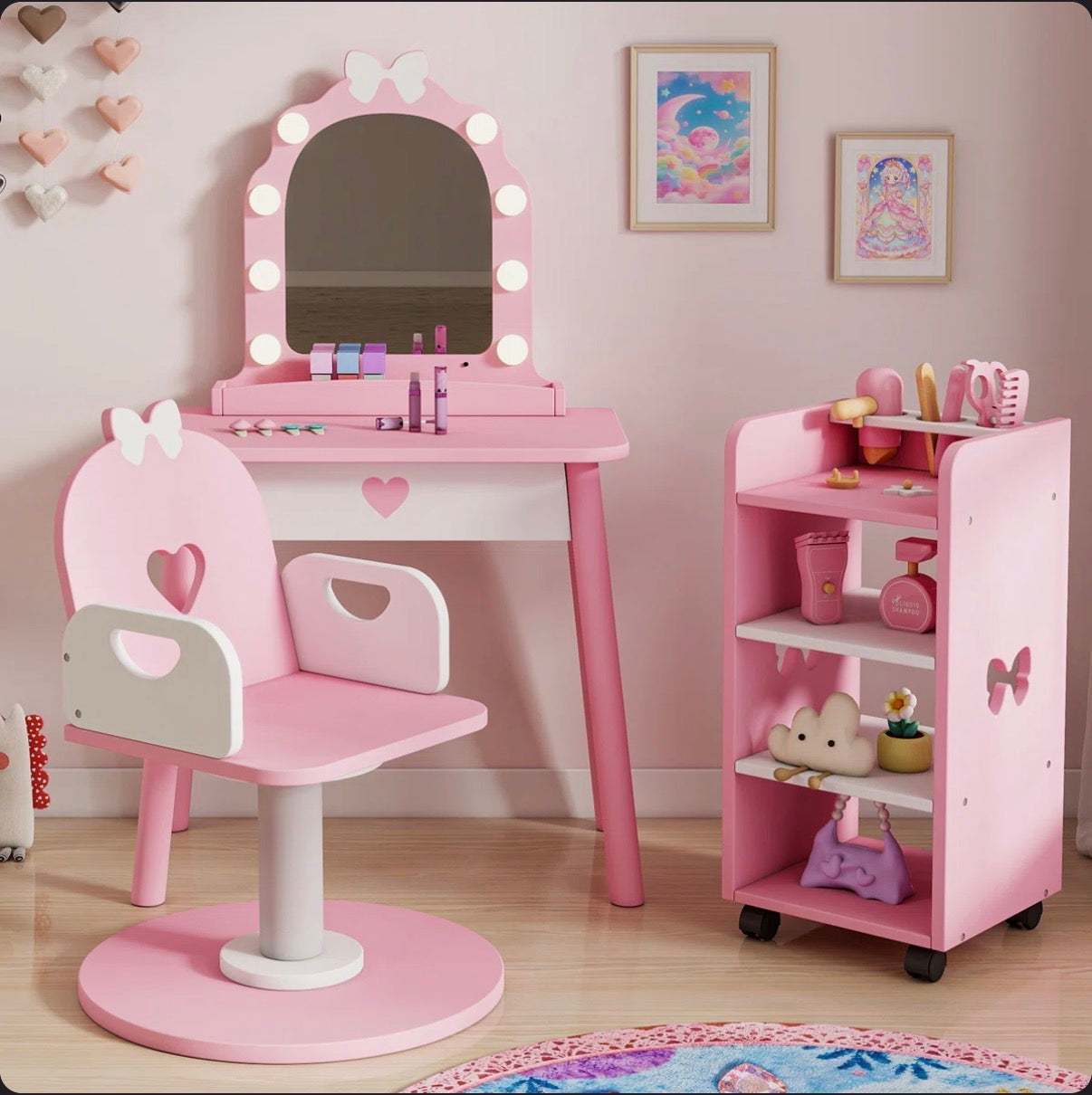 Three Piece Set Kids Vanity Set with Storage Shelf and Hair Salon Play Set (Pink) (New in Box)