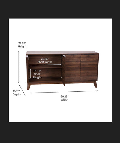 Flash Furniture 60 Inch Buffet Cabinet with 4 Soft Close Doors and Adjustable Shelves (Dark Walnut) (New in Box)