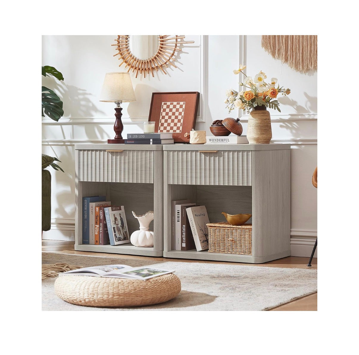 Fluted Nightstands with Charging Station, 23 Inch Wide with 1 Drawer Nightstand, End Table with Open Storage, Farmhouse Bed Side Tables Wood Dresser for Bedroom, Livingroom, Closet (Light Gray) (New in Box; Needs to be Assembled)